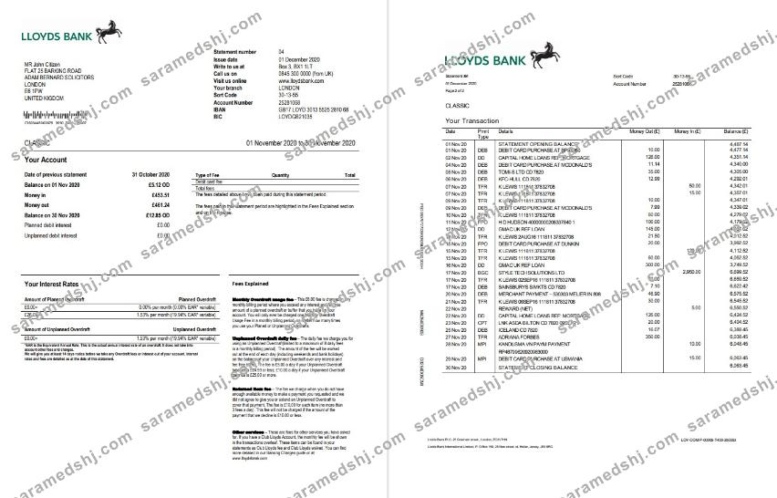 United Kingdom Lloyds bank statement template in Word and PDF format, good for address prove (2 pages)